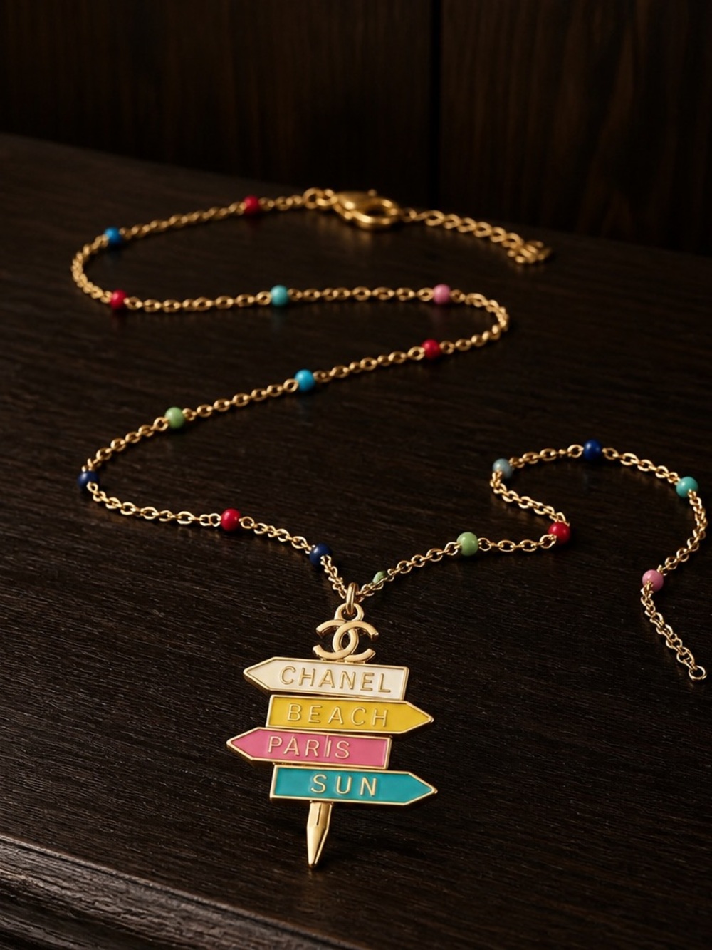 Gold Multicolor Enamel Signpost Necklace - Beach Paris Sun